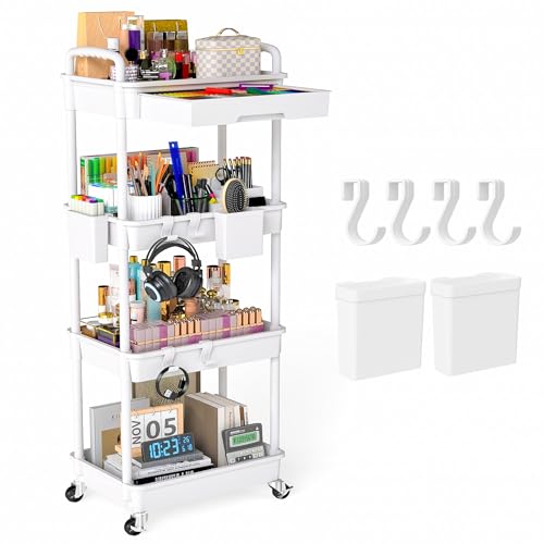 4 Tier Rolling Utility Cart with Drawer, Plastic Storage Organizer Rolling Carts with Wheels Handles Hanging Cups Hooks for Office, Bathroom, Kitchen,Craft Art Room (White) - color: White, size: 4-Tier