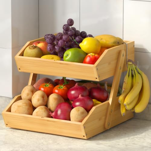 Sevenblue 2-Tier Bamboo Fruit Basket with 2 Banana Holders | Large tiered organizer for bread, snacks, veggies. Sturdy bamboo, includes mats & dividers. Easy to assemble. - color: Natural, size: 2 Tier