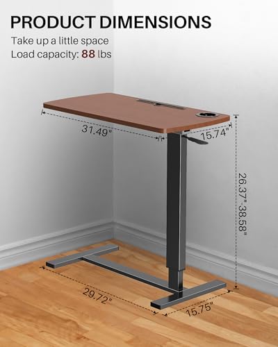 Foldable Overbed Table with Wheels, Pneumatic Adjustable Desk | 31.5 X 17.7 In Desktop with Cup Holders and Tablet Slot, Hidden Casters, 88 Lbs Capacity, Installs on Either Side of Bed - color: Brown