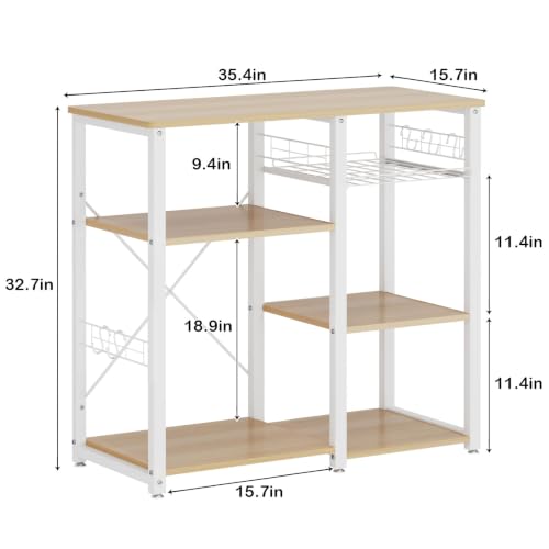 soges 3-Tier Kitchen Baker's Rack, Compact Microwave Stand, White Oak | Space-saving for Apartments, Kitchen, Pantry, Living Room, Sliding Storage Basket, 5 Hooks, Sturdy X-Frame, Easy Assembly - color: White Oak