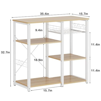 soges 3-Tier Kitchen Baker's Rack, Compact Microwave Stand, White Oak | Space-saving for Apartments, Kitchen, Pantry, Living Room, Sliding Storage Basket, 5 Hooks, Sturdy X-Frame, Easy Assembly - color: White Oak