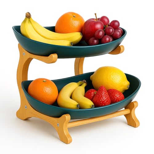 Fruit Bowl With Bamboo Wood Stand, Fruit&Vegetable Candy Dish Decor Basket for Kitchen Counter，Large Capacity Vegetable Storage Stand Snacks Rack Tray Plate Rack - color: Green, size: 2-Tier