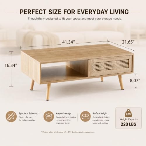 Meihua Rattan Coffee Table with Sliding Door Storage, Mid Century Modern Center Table with Open Shelf and Hidden Compartment, Natural Wood Coffee Table with Solid Wood Legs for Living Room, Apartment - color: Natural