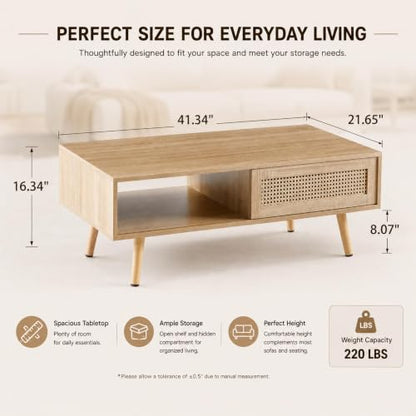 Meihua Rattan Coffee Table with Sliding Door Storage, Mid Century Modern Center Table with Open Shelf and Hidden Compartment, Natural Wood Coffee Table with Solid Wood Legs for Living Room, Apartment - color: Natural