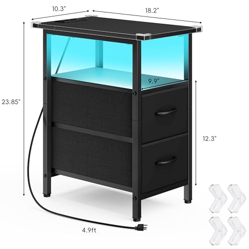 Vagusicc Set of 2 Black Nightstand with Charging Station and LED Lights, Narrow Side Table, LED Night Stand with 2 Fabric Drawers, Bedside Table Small End Table, Tall Nightstand for Bedroom, Black - color: Black, size: 2, style: With LEDs