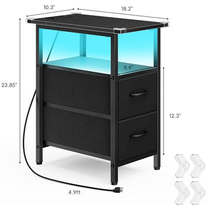Vagusicc Set of 2 Black Nightstand with Charging Station and LED Lights, Narrow Side Table, LED Night Stand with 2 Fabric Drawers, Bedside Table Small End Table, Tall Nightstand for Bedroom, Black - color: Black, size: 2, style: With LEDs