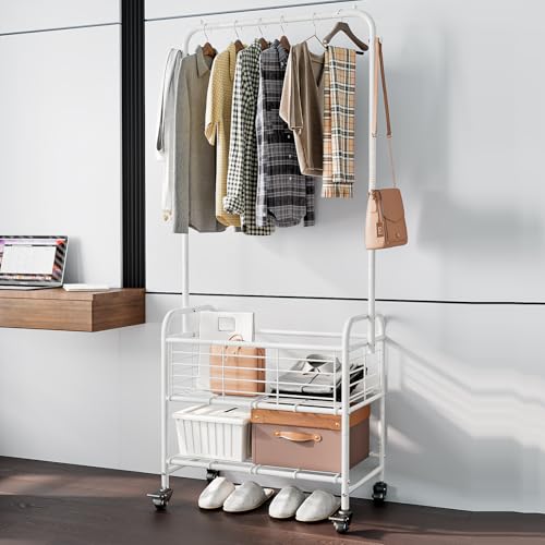 SUOERNUO Laundry Basket with Wheels Rolling Laundry Hamper Laundry Sorter Cart Shelf Hanging Rack,White - color: White