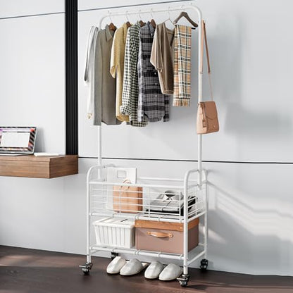 SUOERNUO Laundry Basket with Wheels Rolling Laundry Hamper Laundry Sorter Cart Shelf Hanging Rack,White - color: White