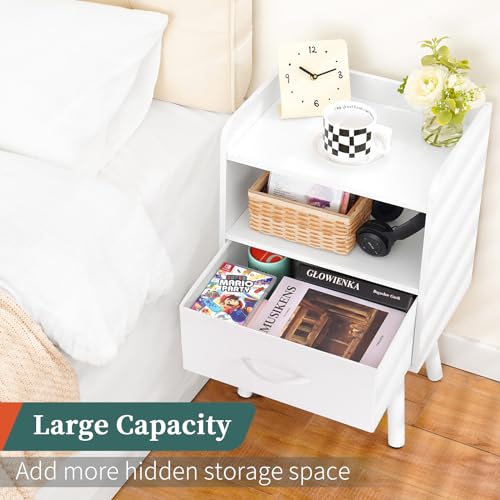 Yoobure Modern Nightstand with Drawer, Bedside Tables, Mid Century Nightstands with Open Storage Shelf, Wood Bedside Table, Small Night Stands for Bedrooms, 2-Tier Night Table - color: White
