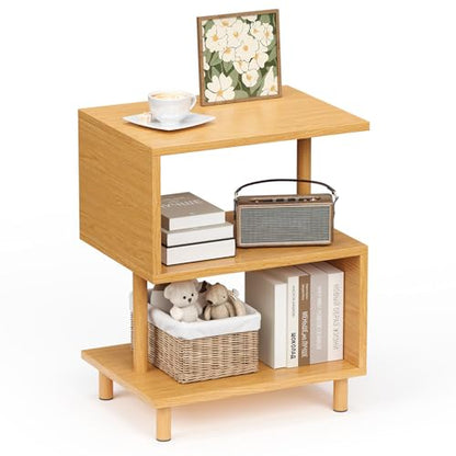 Apicizon S-Shaped Side Table, 3-Tier Nightstand with Solid Wood Legs, Slim Bedside Table with Storage Shelf, Modern End Table for Small Spaces, Bedroom, Living Room, Entryway, Natural - color: Natural