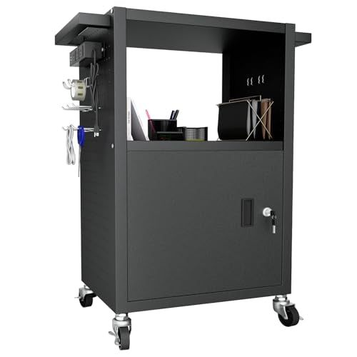 Mobile AV Cart with Push Handles, Heavy Duty Rolling Media Cart with Customized Pegboard & Hooks, Multipurpose Utility Cart with Extra Storage Space, 4 Outlets - size: Style 3 31.5Dx18Wx40H