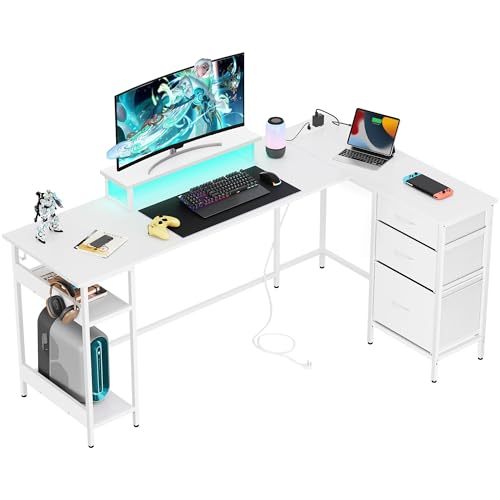 DEVAISE 66 Inch L Shaped Gaming Desk with Drawers and Storage, Corner Desk with LED Lights, Power Outlets, Computer Desk with Monitor Stand, Office Desk for Home, White - color: White, size: 66 Inch