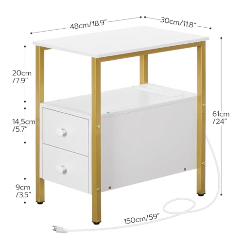 HOOBRO End Table with Charging Station, Narrow Side Table with 2 Drawer & USB Port & Power Outlets, Nightstand for Small Spaces, Stable and Sturdy, for Living Room, Bedroom, Gold and White DW541BZ01 - color: Gold + White