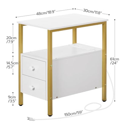 HOOBRO End Table with Charging Station, Narrow Side Table with 2 Drawer & USB Port & Power Outlets, Nightstand for Small Spaces, Stable and Sturdy, for Living Room, Bedroom, Gold and White DW541BZ01 - color: Gold + White