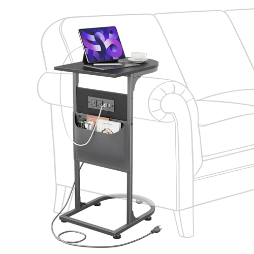C Shaped End Table, Couch Side Table with Charging Station for Small Spaces | Wobble-Free C Table, Black, Storage Bag, 2 AC Outlets & 2 USB Ports, Study Metal Frame, For Living Room, 15-Min Easy Assembly - color: Charging Station Black