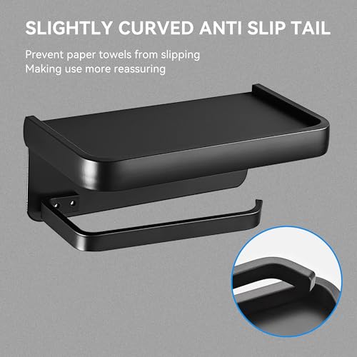 Toilet Paper Holder with Phone Shelf, Adhesive or Screw Wall Mount Toilet Tissue Roll Holder-Black - color: Black