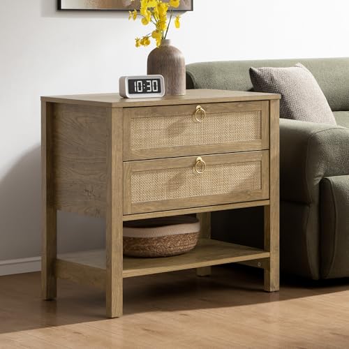 SICOTAS 26.7" Wide Rattan Nightstand with 2 Drawers & Open Shelf End Table | Large Night Stand with Storage Shelf, Coastal Boho Bedside Table for King Bed, Bedroom, Guest Room, Apartment, and End Table - color: Light Walnut