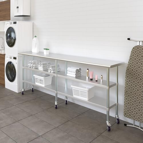 AmGood Stainless Steel Work Table with 2 Shelves and Casters | Metal Utility Table On Wheels (Stainless Steel, 96" Long x 18" Deep) - size: 96" Long x 18" Deep