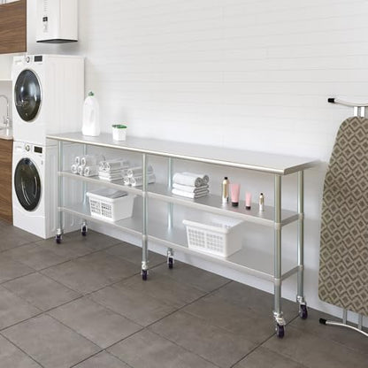 AmGood Stainless Steel Work Table with 2 Shelves and Casters | Metal Utility Table On Wheels (Stainless Steel, 96" Long x 18" Deep) - size: 96" Long x 18" Deep