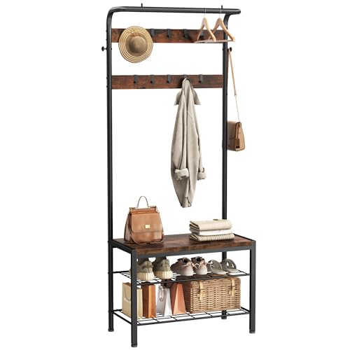 NEWBULIG Coat Rack, Hall Tree with Shoe Bench, 4-in-1 Entryway Organizer with 10 Hooks and Storage Shelf, Rustic Wood Entryway Bench for Mudroom, Living Room, Bedroom, Brown - color: Deep Brown