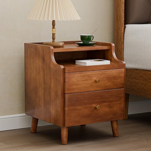 Nightstand with Drawers, Pre-Assembled, 19.7" H Natural Solid Wood Night Stand with Open Sliding Shelf, Mid Century Modern Small Bedside Table Cabinet for Bedroom, Walnut, 16" - color: Walnut, size: 16"