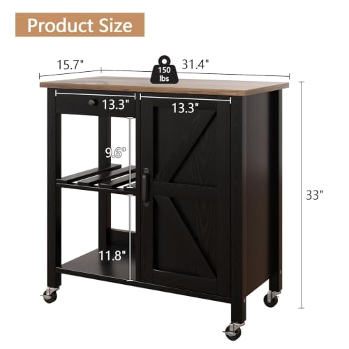 Small Kitchen Island Cart on Wheels with 31.4'' Wood Tabletop, Black | Farmhouse Rolling Kitchen Island with Storage, Lockable Wheels, Drawer, Adjustable Shelf and Wine Rack for Dining Room - style: Black