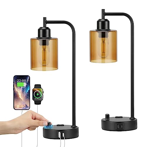 Industrial Bedside Lamps for Nightstand Set of 2 - Fully Dimmable Bedroom Lamps with USB A C Ports and Outlet, Black Table Lamps with Amber Glass Shade for Living Room, Desk Lamps for Office Reading - color: Amber