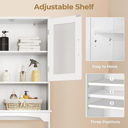Yaheetech Over The Toilet Storage Cabinet with Double Tempered Glass Doors and Adjustable Shelf, Freestanding Bathroom Storage Rack, 66 Inches Height - color: White