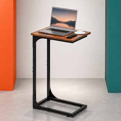 C-Shaped Side Table for Couch - Small Coffee Stand Sofa Tray Desk with Metal Frame and Waterproof Scratch Resistant, Modern End Accent for Living Room, Bedroom, Small Spaces, Rustic Brown - color: Rustic Brown, size: 1-Pack, style: Without Power Outlets