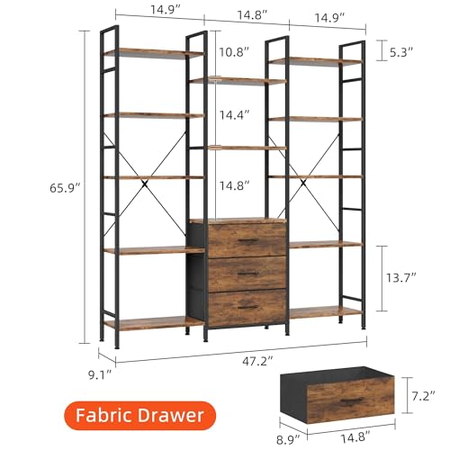 AFLUI Triple Bookshelf with 3 Fabric Drawers, 5-Tier Book Shelf and 10 Display Shelves, Industrial Large Bookcase for Home & Office, Rustic Brown, 47'' Wide - color: Rustic Brown, size: 5 Tier(47" W)