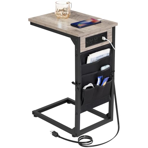 AMHANCIBLE C Shaped End Table with Charging Station, TV Tray | Couch Table that Slide Under Sofa for Eating, Side Table with Storage Bag, USB Ports, for Living Room, Bedroom, Grey - color: Grey
