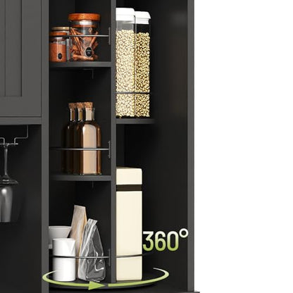 Pantry Cabinet, 67.7" Tall Kitchen Pantry Storage Cabinet with 360° Rotating Shelf & 2 Pull-Out Racks, Freestanding Kitchen Hutch with Charging Station & Drawer, for Dining Room, Black