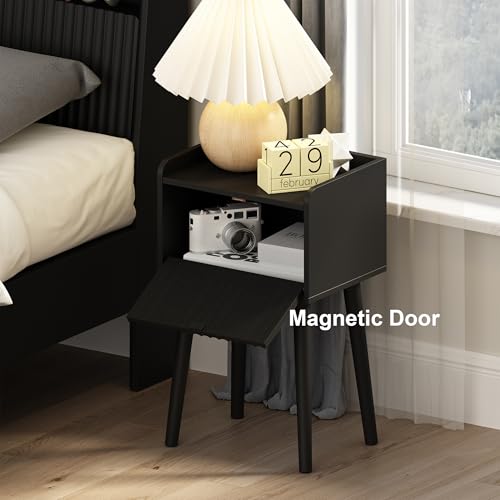 LAATOOREE Nightstand Set of 2, Small Bed Side Table with Fluted Door, End Table with Solid Wood Legs, Mid-Century Bedside Table for Bedroom Small Space - color: Black, style: Fluted Style