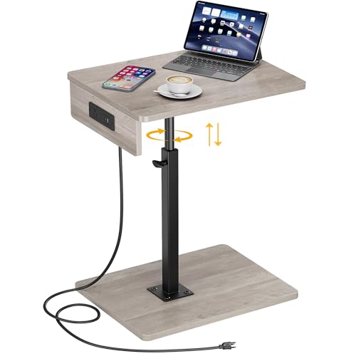 C Shaped End Table with Charging Station, Adjustable Height C Table End Table, 360°Swivel TV Tray Table for Small Spaces, Rounded Corners Couch Table, Side Tables Living Room for Sofa,Chair,Snack,Bed - color: Greige