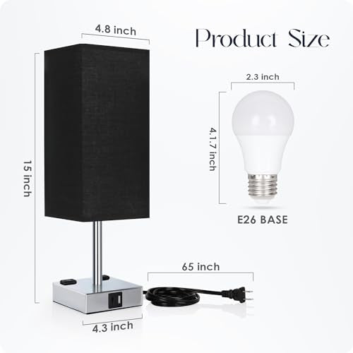 Set of 2 Bedside Table Lamp 3 Way Dimmable Nightstand Lamp with USB C & USB A Charging Port, 2 AC Outlets, 3000K LED Bulbs (Black) - color: Black