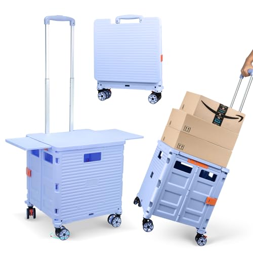 Foldable Utility Cart Folding Portable Rolling Crate with Magnetic Extended Lid,360°Rotate Wheels,176LBS Load Capacity,Heavy Duty Durable Dolly Cart for Teacher Tourist Shopping Office Outdoor - color: Blue, size: Magnetic Extended Lid