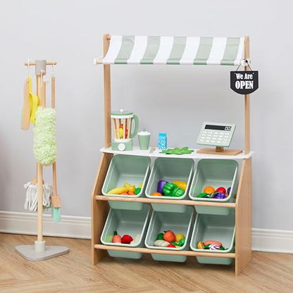 Teamson Kids Little Helper Wooden Farmer's Market Stand with Pretend Cash Register and 6 Plastic Storage Bins, Green, TD-13638A-AMZ | Pretend Grocery Store Playset, Cash Register Toy, 6 Storage Bins, Awning, Ages 3+ - style: Market Stand w/ Storage
