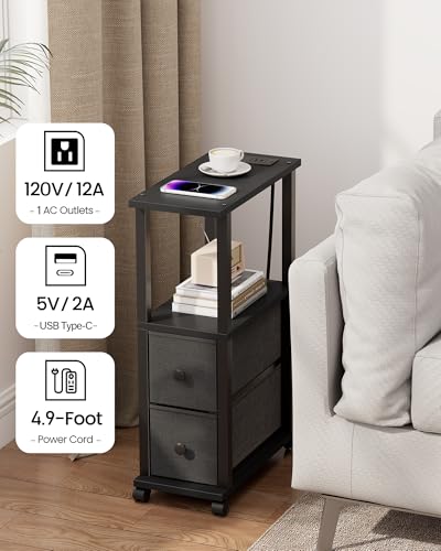 TUTOTAK Small Narrow End Tables, LED Side Tables with 2 Fabric Drawers, Set of 2, Bedside Tables with Charging Station for Small Spaces, Slim Nightstands with USB Ports and Wheels, TB01BK053L - color: Black, style: with LED Light & Outlets
