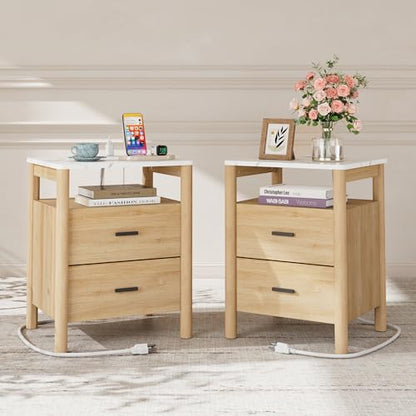 Night Stand Set 2, 20" Wide Nightstands Set of 2, Nightstand with Charging Station & Faux Marble Top, 2 Drawer End Table with Solid Round Post Legs, Bedside Table for Bedroom, Natural Oak - color: Natural Oak + Faux Marble Top, size: 20''W x 15.7'D x 24''