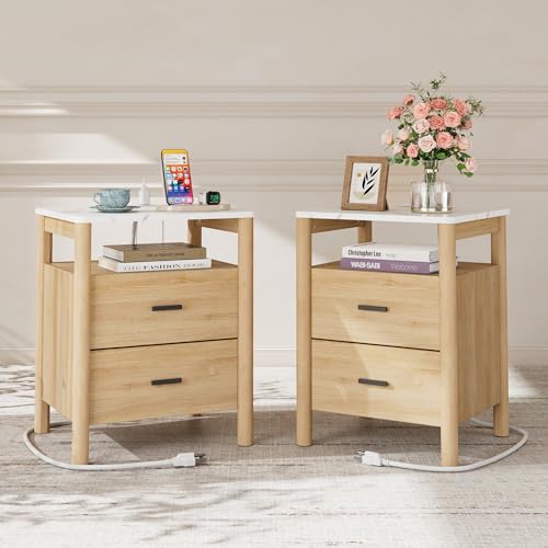 Night Stand Set 2, 20" Wide Nightstands Set of 2, Nightstand with Charging Station & Faux Marble Top, 2 Drawer End Table with Solid Round Post Legs, Bedside Table for Bedroom, Natural Oak - color: Natural Oak + Faux Marble Top, size: 20''W x 15.7'D x 24''