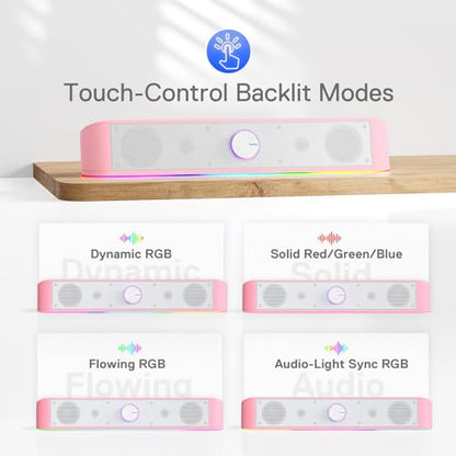 Redragon GS560 RGB Desktop Soundbar, 2.0 Channel Computer Speaker with Dynamic Lighting Bar Audio-Light Sync/Display, Touch-Control Backlit with Volume Knob, USB Powered w/ 3.5mm Cable, Pink - color: Pink