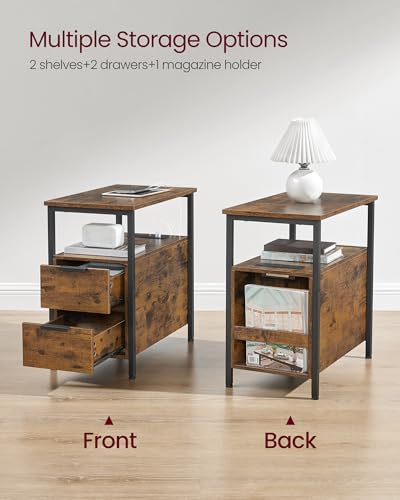 VASAGLE Side End Table with Charging Station, Slim Nightstand with 2 Drawers, Narrow Bedside Table for Living Room, Small Spaces, Rustic Brown and Ink Black ULET321B01V1S - color: Rustic Brown + Ink Black, size: 23.6"D x 11.8"W