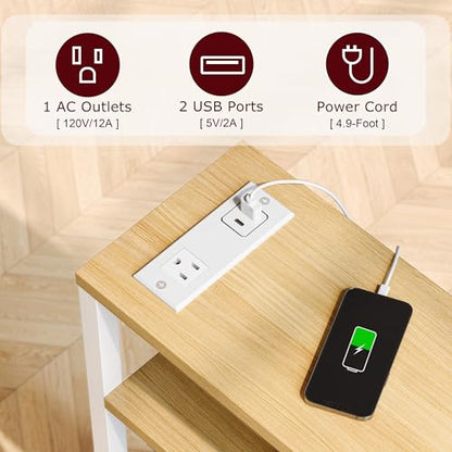 Narrow Side Table with Charging Station Slim End Table Sofa with Magazine Rack, Bedside Table for Small Spaces, 3 Tier Nightstand for Living Room Couch, Bedroom Natural LET503YE - color: Natural, style: With Charging Station