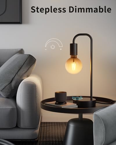 ONEWISH Industrial Table Lamp Set of 2, Fully Dimmable Beside Lamp with Gradient Black Art LED Bulb, Modern Nightstand Desk Lamps for Bedroom, Living Room, Office, Reading(Bulb Included) - color: Black 2 packs, size: Non-USB