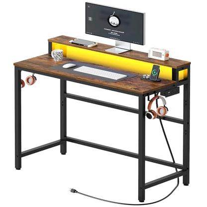 YATINEY Small Computer Desk with Charging Station and LED Lights, Gaming Desk with Monitor Stand, 2-Tier Home Office Desk with 4 Side Hooks, for Living Room, Home Office, Rustic Brown DN01UDBRY2 - color: Rustic Brown + Black