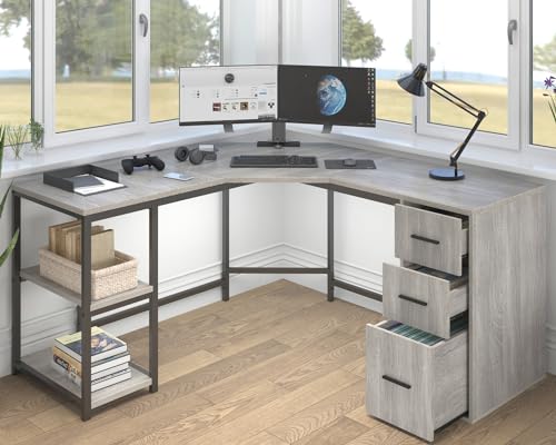 LVB 60" L Shaped Corner Desk with 3 Drawer, Reversible Corner L Shape Computer Desk with Storage File Cabinet Shelves, Wood Metal L-Shaped Home Office Work Writing Desk for Dual Monitor, Light Grey - color: Light Grey Oak