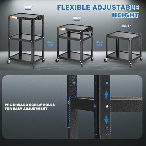 3 Shelf Metal Utility Cart with Wheels & Power Strip - Steel Mobile AV Cart for Video Projector, TV, Laptop, Computers, Printers - Height Adjustable Media Carts for Office Classroom Warehouse - style: AV Cart without Keyboard Tray (AV-JS)