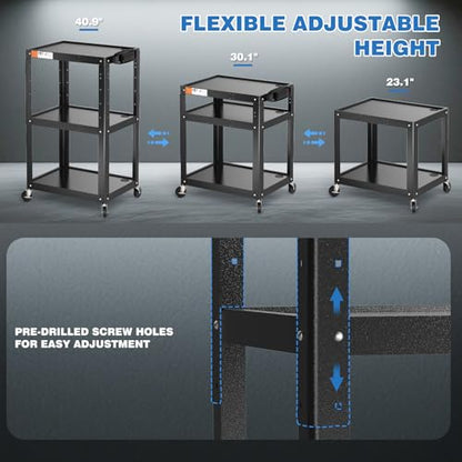 3 Shelf Metal Utility Cart with Wheels & Power Strip - Steel Mobile AV Cart for Video Projector, TV, Laptop, Computers, Printers - Height Adjustable Media Carts for Office Classroom Warehouse - style: AV Cart without Keyboard Tray (AV-JS)