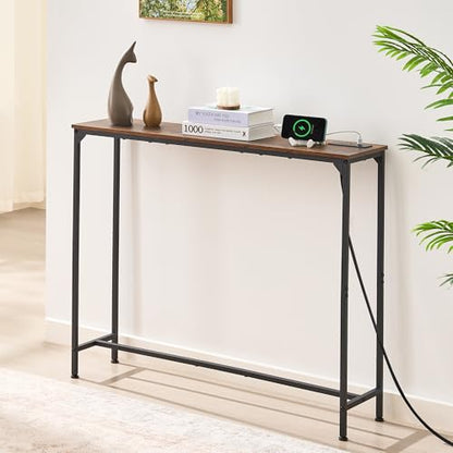 Console Table, Narrow Entryway Table, Thin Sofa Table, Behind Couch Table,for Hallway, Bedroom, Living Room, Foyer, 9.4 x 39.4 x 31.5 Inches, Rustic Brown - size: 9.4" W x 39.4" D, style: With Plug