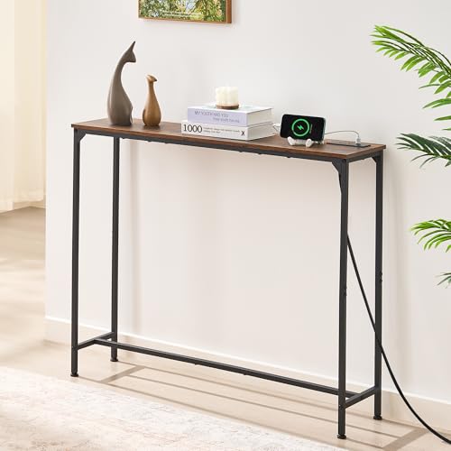 Console Table, Narrow Entryway Table, Thin Sofa Table, Behind Couch Table,for Hallway, Bedroom, Living Room, Foyer, 9.4 x 39.4 x 31.5 Inches, Rustic Brown - size: 9.4" W x 39.4" D, style: With Plug